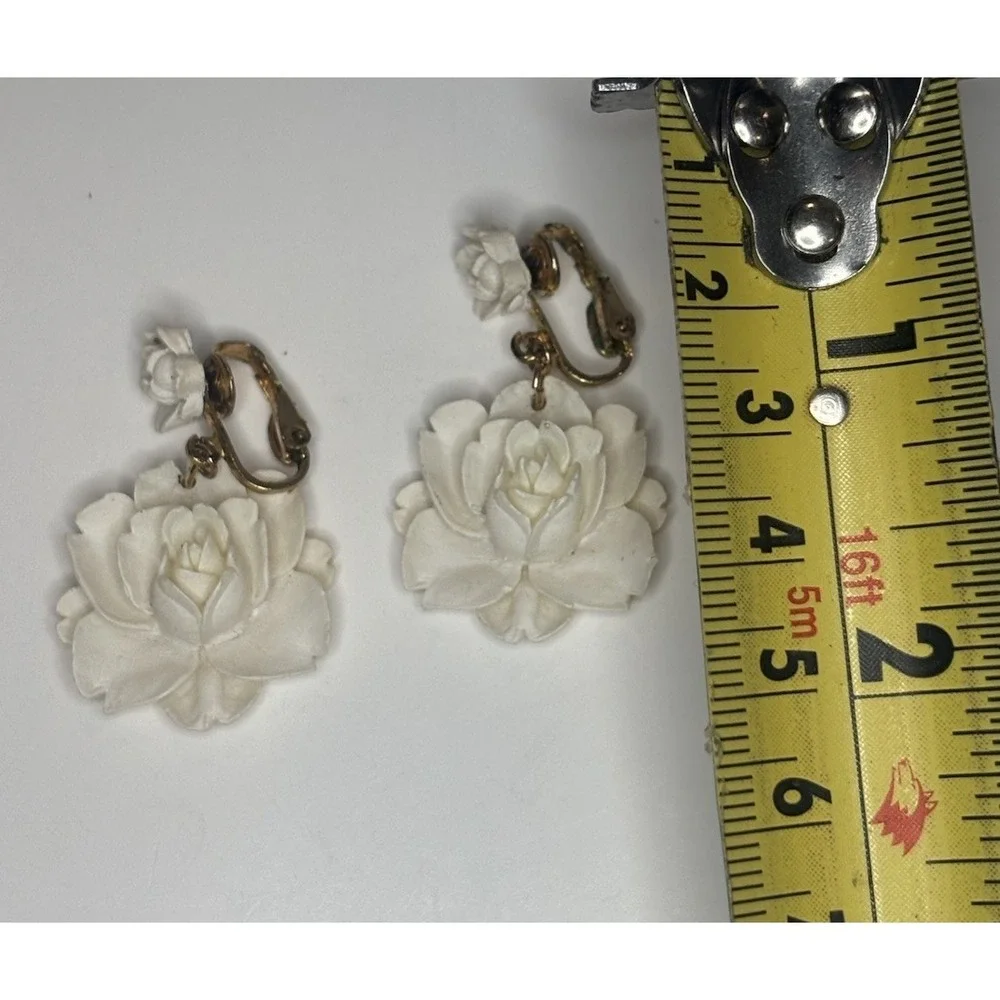 Vintage Hand Carved White Rose Dangle Clip On Earrings Floral Celluloid Resin